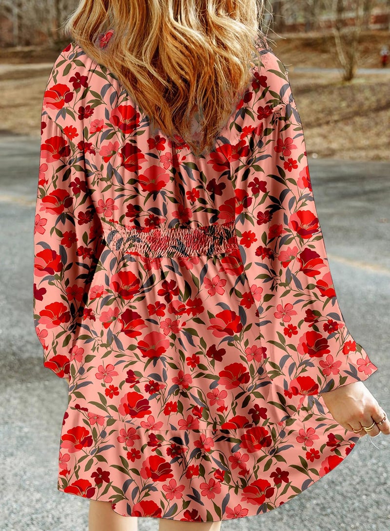 Dokotoo Sundresses for Women Spring Summer Casual Dresses Long Sleeve V Neck Smocked Boho Floral Country Concert Ladies Elegant Beach Vacation Clothes Mini Dress Sundresses Plus Size Pink X-Large - Image 3