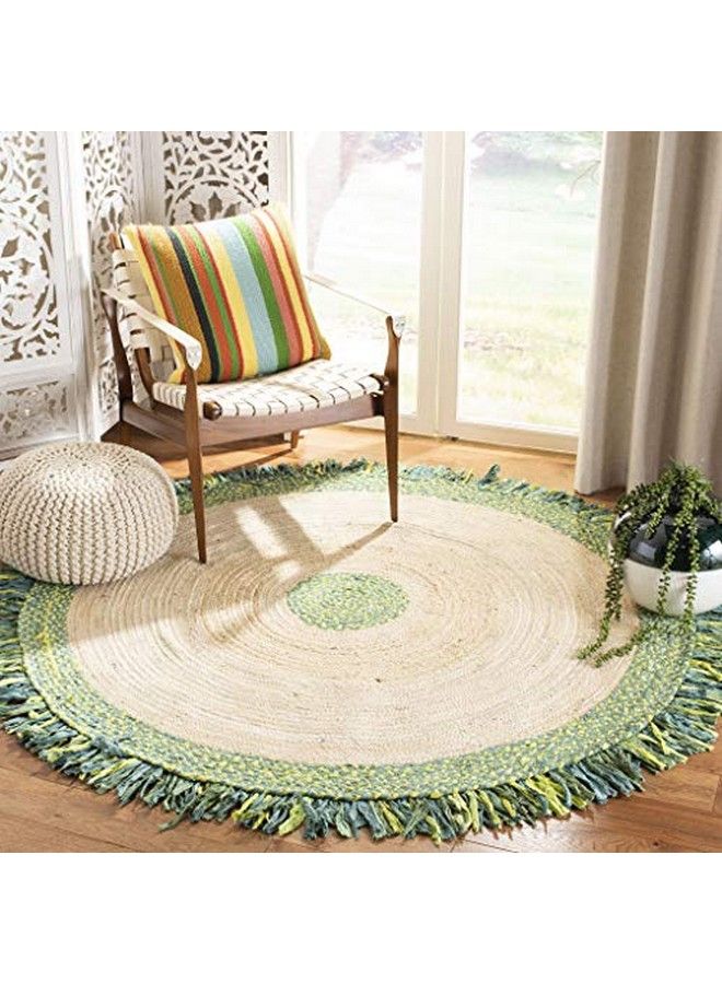 Safavieh Cape Cod Collection 3' Round Green Natural Cap212Y Handmade Boho Fringe Jute & Cotton Area Rug  - Image 1