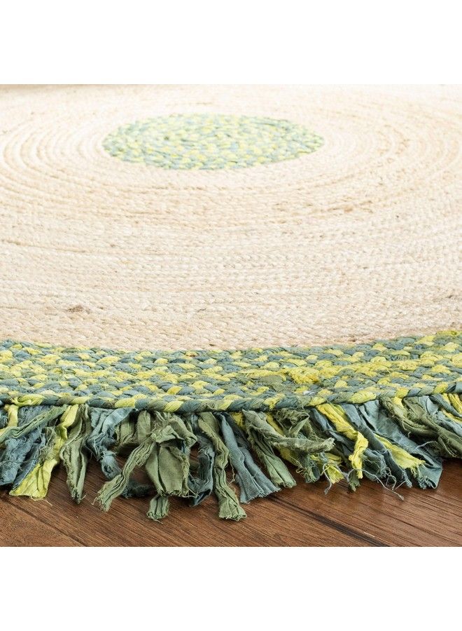 Safavieh Cape Cod Collection 3' Round Green Natural Cap212Y Handmade Boho Fringe Jute & Cotton Area Rug  - Image 4
