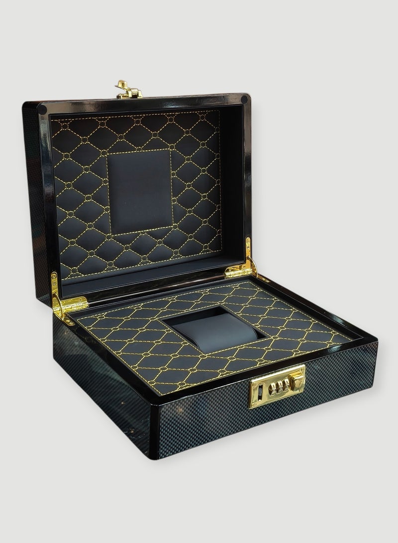 Al Seraj Luxury Watch Box with Number Lock | Premium Fiber Exterior with Soft Rexine Interior | Secure Jewelry & Watch Storage Case for Travel, Display & Gift | Black - Image 1