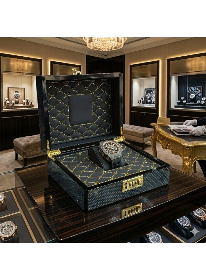 Al Seraj Luxury Watch Box with Number Lock | Premium Fiber Exterior with Soft Rexine Interior | Secure Jewelry & Watch Storage Case for Travel, Display & Gift | Black - Image 2