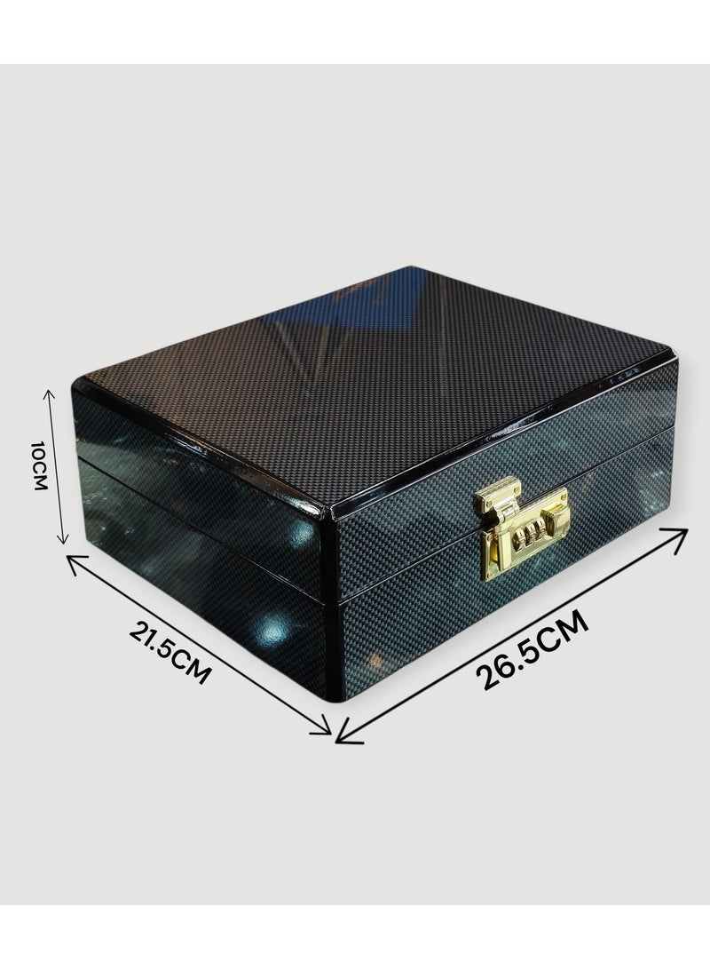 Al Seraj Luxury Watch Box with Number Lock | Premium Fiber Exterior with Soft Rexine Interior | Secure Jewelry & Watch Storage Case for Travel, Display & Gift | Black - Image 4