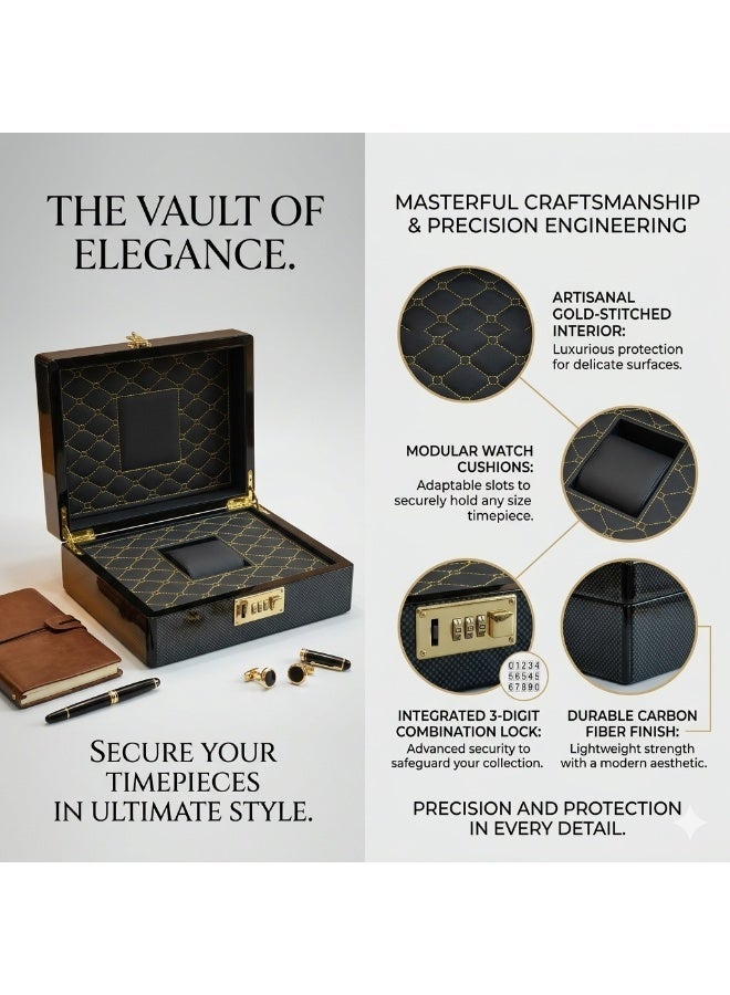 Al Seraj Luxury Watch Box with Number Lock | Premium Fiber Exterior with Soft Rexine Interior | Secure Jewelry & Watch Storage Case for Travel, Display & Gift | Black - Image 5