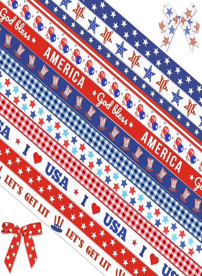 Threetols 12 Yards Memorial Day Patriotic Ribbons, 3/8" Patriotic Star USA Grosgrain Ribbons Red White Blue Buffalo Plaid Ribbons for 4th of July America Flag Decoration Wrapping Craft Ribbon - Image 1