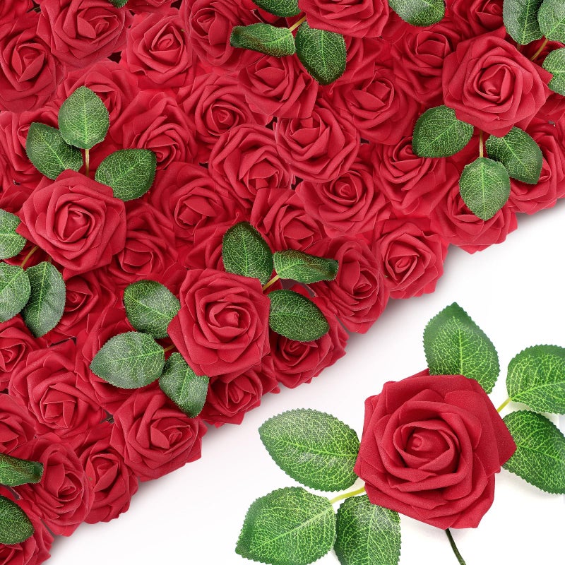 Sherr 250 Pcs Artificial Roses Flowers Bulk Fake Rose with Stem Faux Bridal Flower Centerpiece for Wedding Mothers Day Bridal Shower Party DIY Bouquet Arrangement Garland Home DecorBurgundy