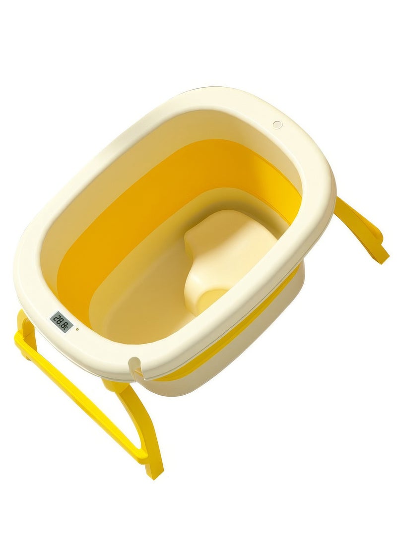 رينوفو حوض استحمام متنقل للأطفال مع ميزان حرارة ومقعد مقاس 60.5X44.5X33 سم حوض استحمام قابل للطي لون أصفر - Image 1