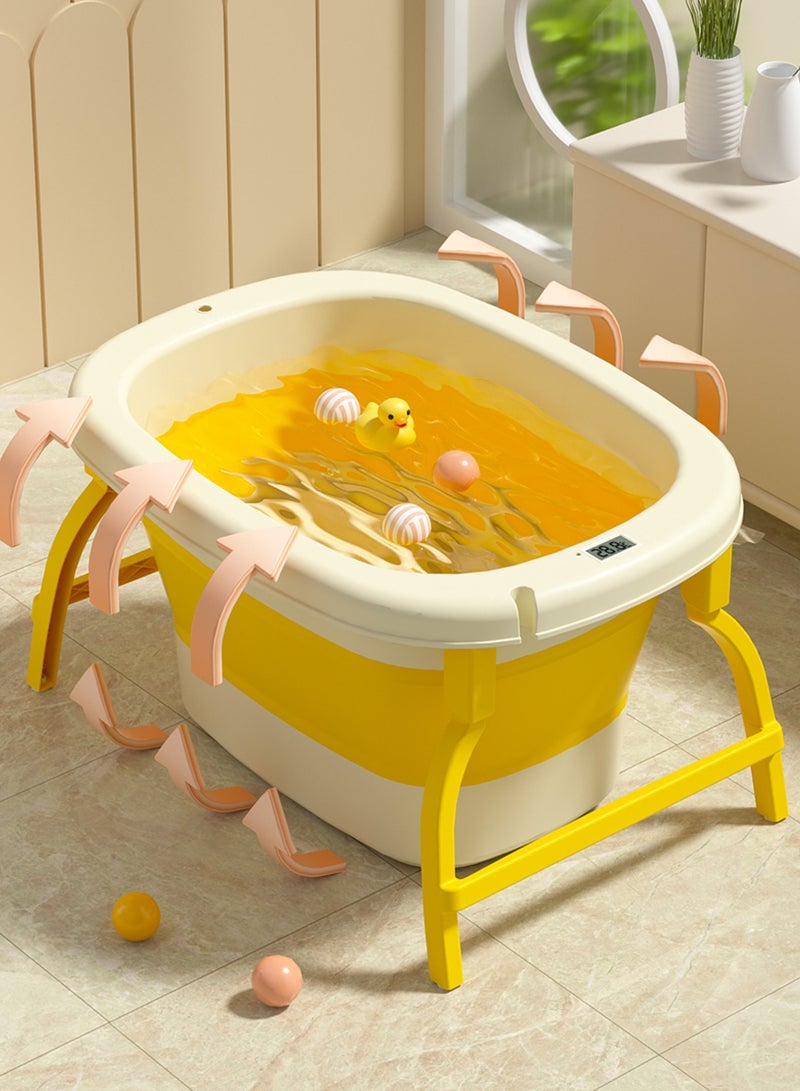 رينوفو حوض استحمام متنقل للأطفال مع ميزان حرارة ومقعد مقاس 60.5X44.5X33 سم حوض استحمام قابل للطي لون أصفر - Image 2