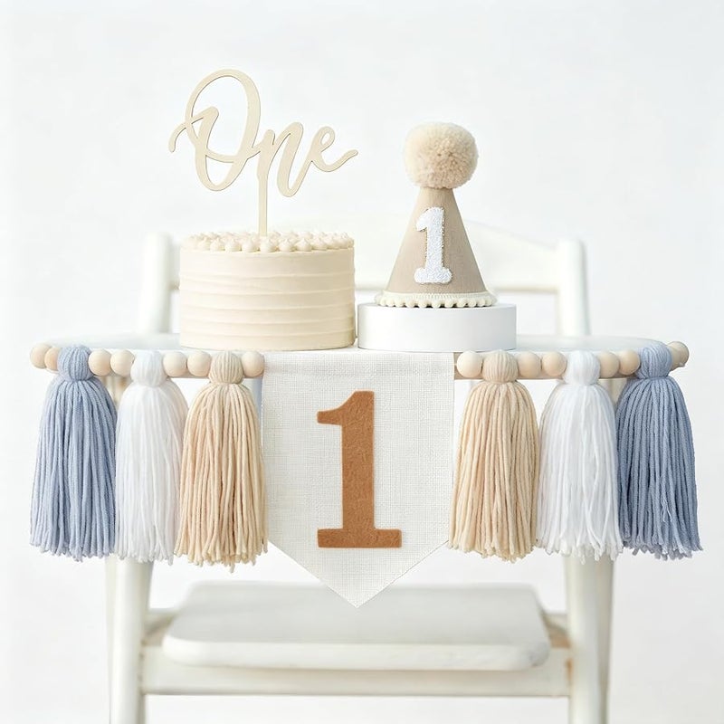 DCJHFJ 1st Birthday Highchair Banner Decorations For First Boys Khaki Cone Hat With One Cake Topper Photo Backdrop - Image 1