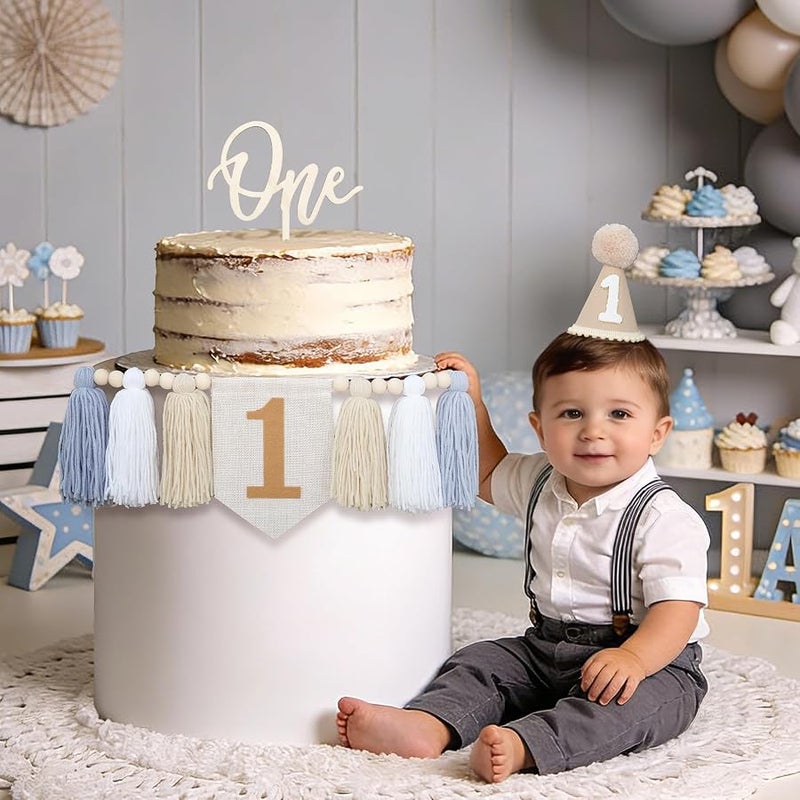 DCJHFJ 1st Birthday Highchair Banner Decorations For First Boys Khaki Cone Hat With One Cake Topper Photo Backdrop - Image 5
