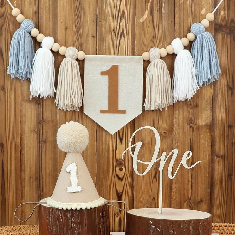 DCJHFJ 1st Birthday Highchair Banner Decorations For First Boys Khaki Cone Hat With One Cake Topper Photo Backdrop - Image 2