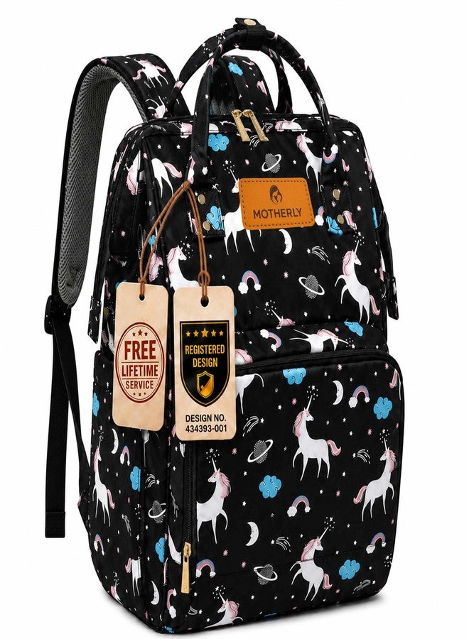 Motherly Patented Diaper Bag Backpack for Moms | Waterproof Baby Travel & Maternity Bag | Spacious Nappy Bag with Insulated Bottle Pockets & Warranty (Elegant Series, Unicorn Black) - Image 1