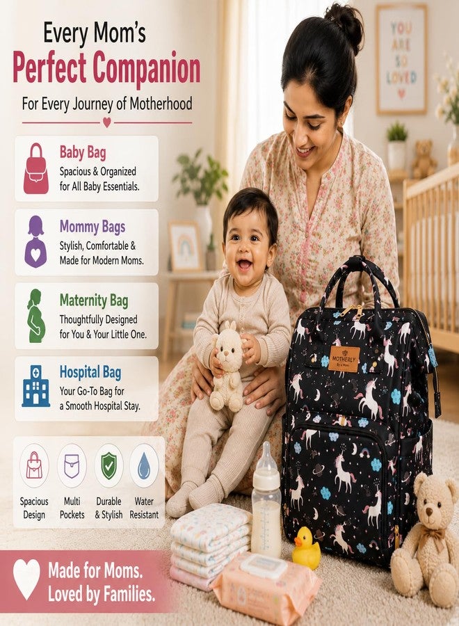 Motherly Patented Diaper Bag Backpack for Moms | Waterproof Baby Travel & Maternity Bag | Spacious Nappy Bag with Insulated Bottle Pockets & Warranty (Elegant Series, Unicorn Black) - Image 2