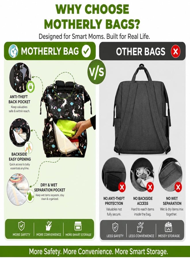 Motherly Patented Diaper Bag Backpack for Moms | Waterproof Baby Travel & Maternity Bag | Spacious Nappy Bag with Insulated Bottle Pockets & Warranty (Elegant Series, Unicorn Black) - Image 4
