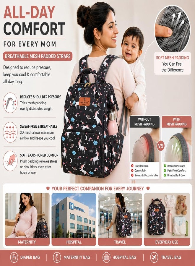 Motherly Patented Diaper Bag Backpack for Moms | Waterproof Baby Travel & Maternity Bag | Spacious Nappy Bag with Insulated Bottle Pockets & Warranty (Elegant Series, Unicorn Black) - Image 5