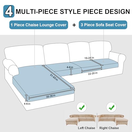 NAISI Waterproof Couch Cushion Covers Thick Velvet Fabric Washable Sofa Slipcovers Sectional Couch Covers for 4 Pieces Separate L Shape Couch Cover with Elastic Bottom(3 Seater + 1 Chaise,Grey) - Image 2