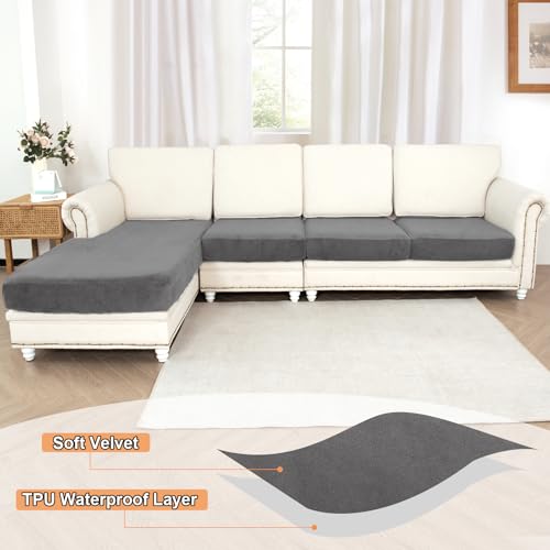 NAISI Waterproof Couch Cushion Covers Thick Velvet Fabric Washable Sofa Slipcovers Sectional Couch Covers for 4 Pieces Separate L Shape Couch Cover with Elastic Bottom(3 Seater + 1 Chaise,Grey) - Image 3