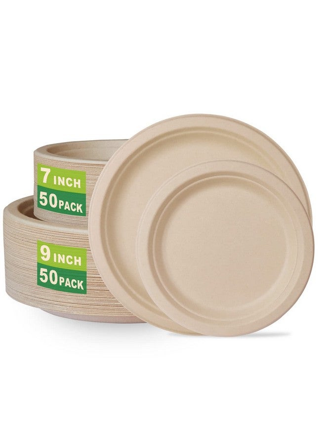 GreenWorks 7 inch and 9 inch Compostable Plates (each 50 Count), 100 Count Unbleached Disposable Paper Plates - Image 1