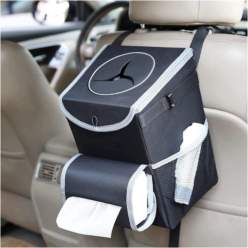 JNNJ Leak-Proof Car Bin - Multifunctional Hanging Trash Can with Lid and Tissue Holder - Image 1