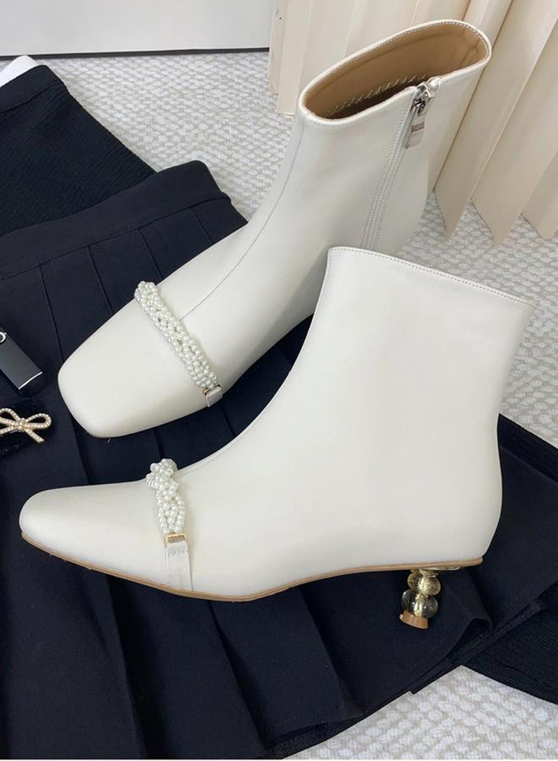 Take Two Women White Pearl Detail Ankle Boots - Image 1