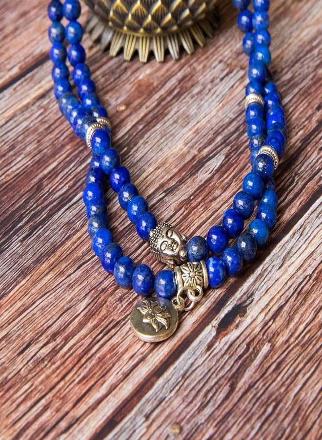 Bivei 108 Mala Beads Necklace Beaded Wrap Bracelets Genuine Gemstone Mala Prayer Beads Lotus Charm Yoga Meditation Necklace - Lapis Lazuli - Image 3