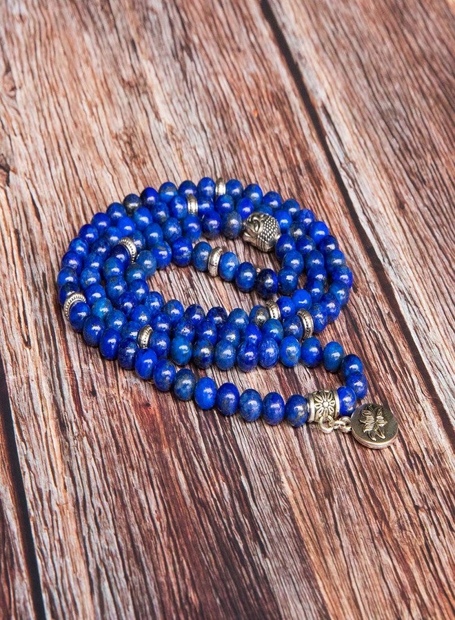 Bivei 108 Mala Beads Necklace Beaded Wrap Bracelets Genuine Gemstone Mala Prayer Beads Lotus Charm Yoga Meditation Necklace - Lapis Lazuli - Image 4