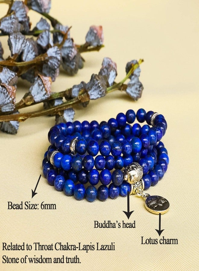 Bivei 108 Mala Beads Necklace Beaded Wrap Bracelets Genuine Gemstone Mala Prayer Beads Lotus Charm Yoga Meditation Necklace - Lapis Lazuli - Image 2