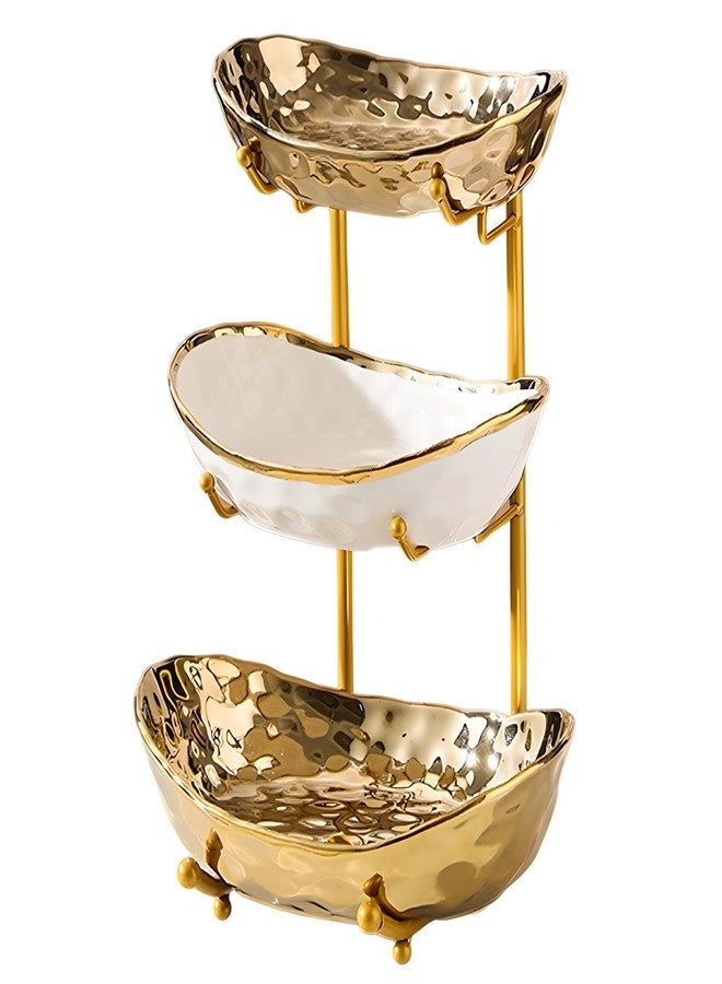 XUDREZ 3 Tier Fruit Bowl with Metal Stand for Kitchen Counter, Ceramic White Gold Silver, Tiered Fruit Basket for Nuts, Snacks, Bread, Candy Storage (Gold) - Image 1