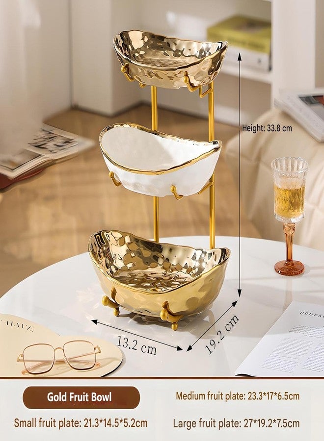 XUDREZ 3 Tier Fruit Bowl with Metal Stand for Kitchen Counter, Ceramic White Gold Silver, Tiered Fruit Basket for Nuts, Snacks, Bread, Candy Storage (Gold) - Image 2