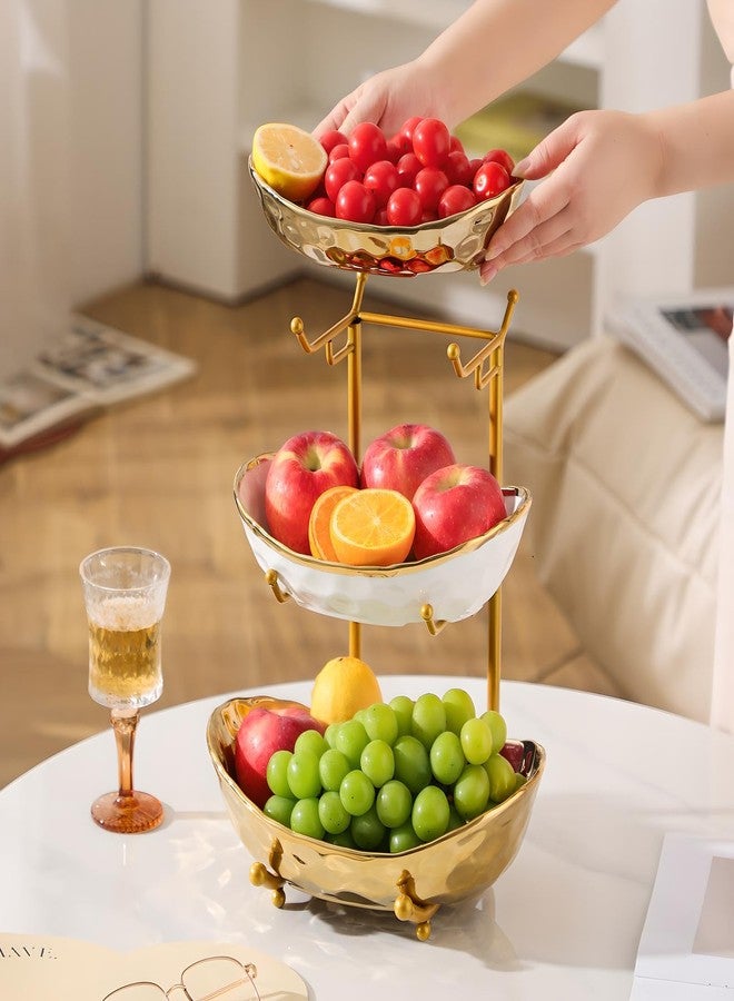 XUDREZ 3 Tier Fruit Bowl with Metal Stand for Kitchen Counter, Ceramic White Gold Silver, Tiered Fruit Basket for Nuts, Snacks, Bread, Candy Storage (Gold) - Image 3