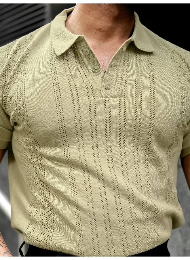 مانياك Mens Solid Textured Polo Neck Half Sleeve Beige Cotton T-Shirt