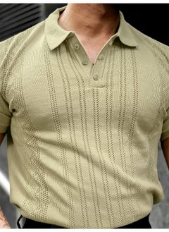 Maniac Mens Solid Textured Polo Neck Half Sleeve Beige Cotton T-Shirt  - Image 5