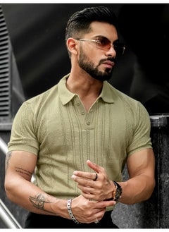 Maniac Mens Solid Textured Polo Neck Half Sleeve Beige Cotton T-Shirt  - Image 1