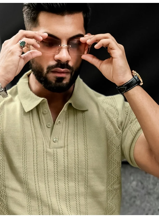 مانياك Mens Solid Textured Polo Neck Half Sleeve Beige Cotton T-Shirt