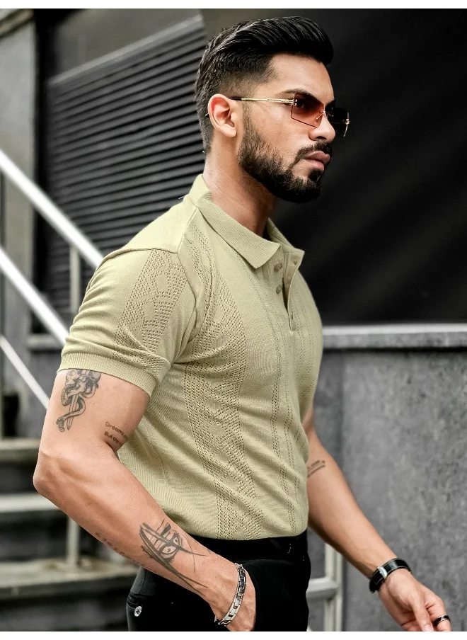 مانياك Mens Solid Textured Polo Neck Half Sleeve Beige Cotton T-Shirt