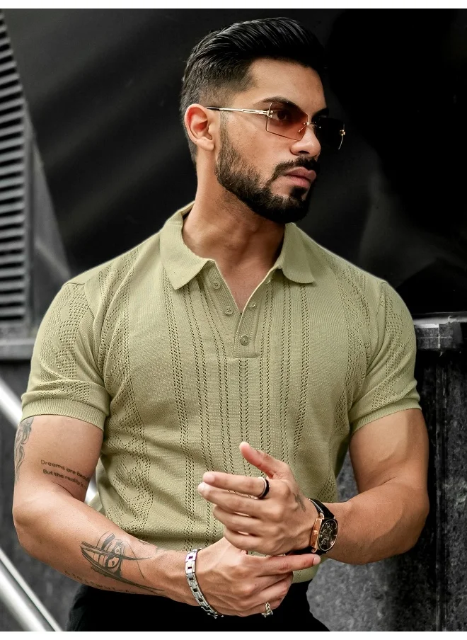 مانياك Mens Solid Textured Polo Neck Half Sleeve Beige Cotton T-Shirt