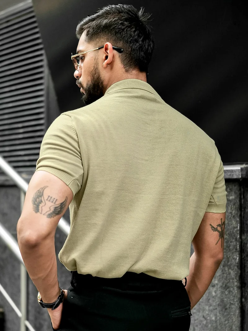 Maniac Maniac Mens Solid Textured Polo Neck Half Sleeve Beige Cotton T-Shirt