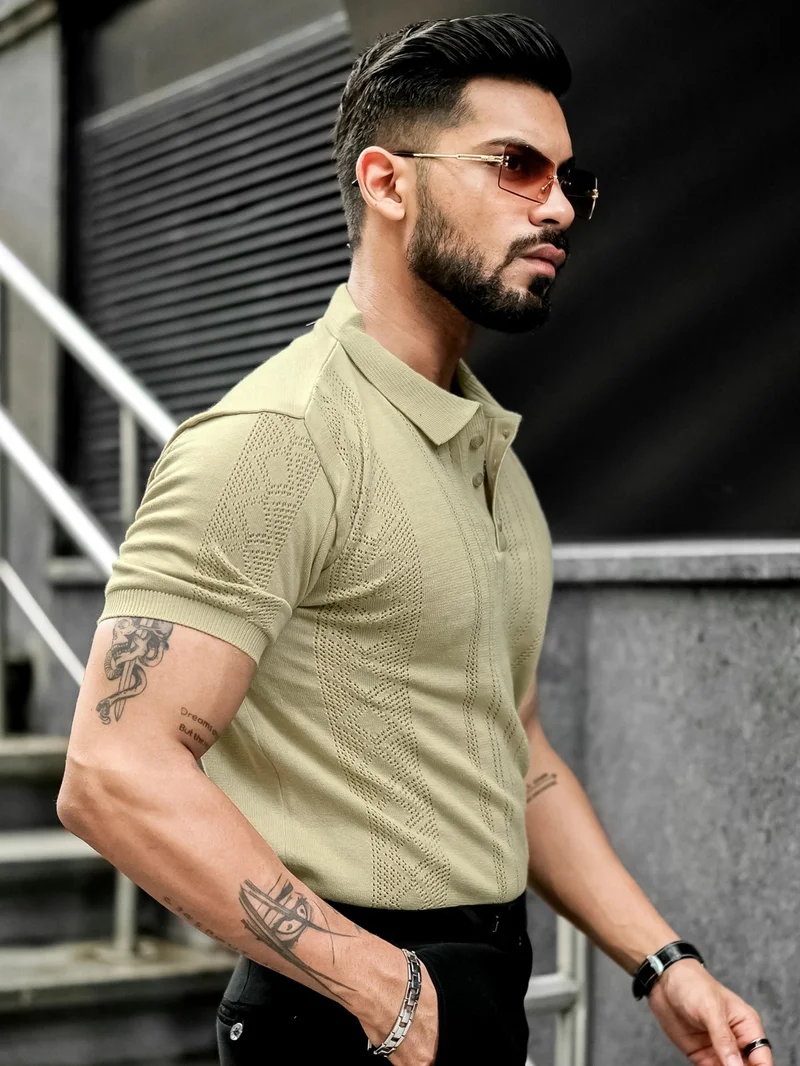 Maniac Maniac Mens Solid Textured Polo Neck Half Sleeve Beige Cotton T-Shirt