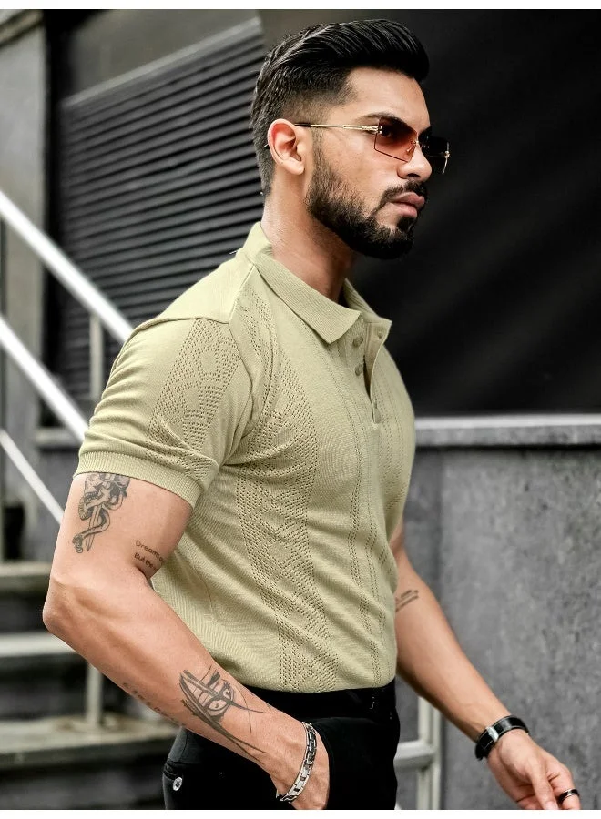 Maniac Maniac Mens Solid Textured Polo Neck Half Sleeve Beige Cotton T-Shirt