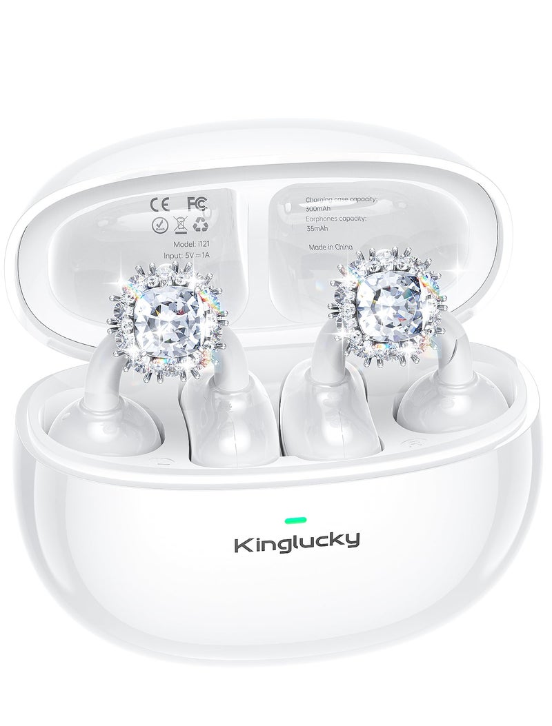 Kinglucky Jewelry-Inspired Clip-On Earbuds with Diamond Earrings, Comfortable Fit & 40H Playtime Open Ear Bluetooth 5.4 Wireless Headphones for Women, Small Ears, Sports & Workouts (White) - Image 1