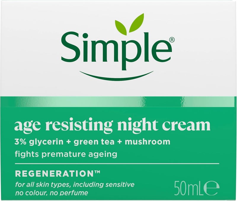 Simple Regeneration Age Resisting Night Cream with 3 Glycerin Green Tea and Mushroom Extract Moisturiser for Overnight Skin Rejuvenation 50 ml