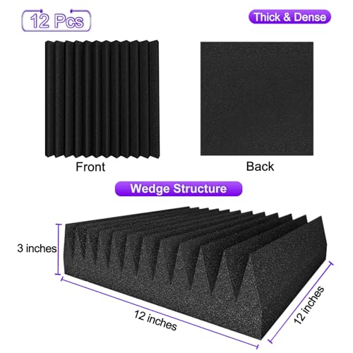 TroyStudio Thick Acoustic Foam Panels, 12 X 12 X 3 Inch 12 Pcs Broadband Sound Absorbing Foam, Dense Soundproof Padding Tile, Recording Studio Foam Absorber, Wedges Decorative 3D Wall Ceiling Panel - Image 2