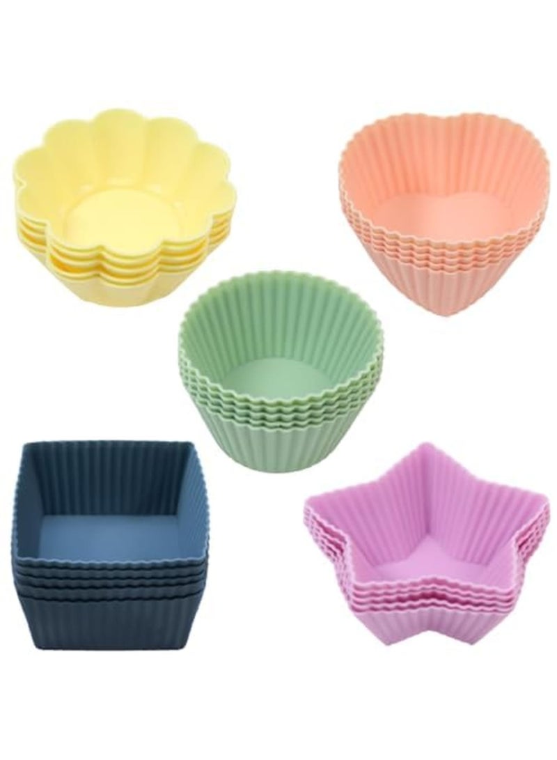 Barakah 25 Pack Silicone Cupcake Liners, Reusable Muffin Molds Non-Stick, 5 Fun Shapes & Colors, Heat Resistant Baking Cups, Easy Clean Silicone Muffin Cups for Muffins & Cupcakes (5 Colors) - Image 1