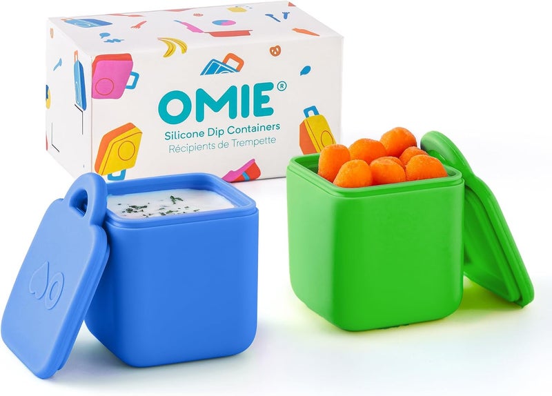 أومي OmieBox (عبوة من 2) حاويات صلصات مانعة للتسرب للوجبات الجاهزة، وعاء صلصة السلطة، وعاء التوابل مع أغطية - سيليكون آمن للطعام - 4 أونصات (أزرق بحري/أخضر) - Image 1