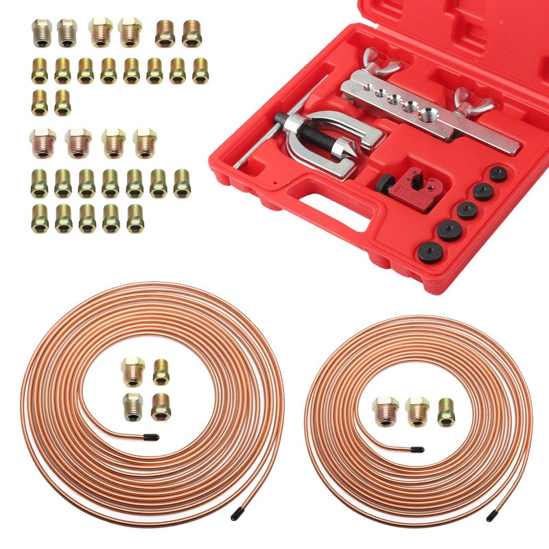 VKQTS 25Ft 1/4" and 3/16" Brake Line Kit,Single & Double Brake Line Flaring Tool Kit with 32 Inverted Fittings and Brakes Flare Tool Kits,Copper Plated Brakes Lines Repair Kits - Image 1