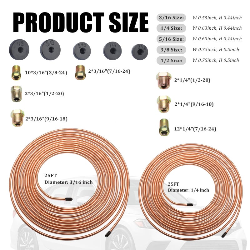 VKQTS 25Ft 1/4" and 3/16" Brake Line Kit,Single & Double Brake Line Flaring Tool Kit with 32 Inverted Fittings and Brakes Flare Tool Kits,Copper Plated Brakes Lines Repair Kits - Image 3