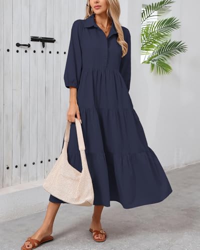 YEXPINE Women's Fall Maxi Dress Long Sleeve Button Down Smocked V Neck Ruffle Tiered Maxi Dresses Navy - Image 2
