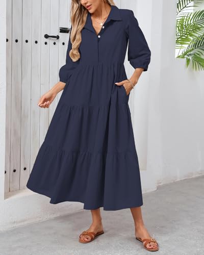 YEXPINE Women's Fall Maxi Dress Long Sleeve Button Down Smocked V Neck Ruffle Tiered Maxi Dresses Navy - Image 4