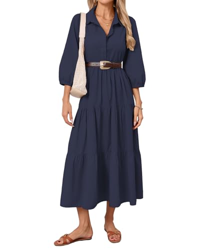 YEXPINE Women's Fall Maxi Dress Long Sleeve Button Down Smocked V Neck Ruffle Tiered Maxi Dresses Navy - Image 1