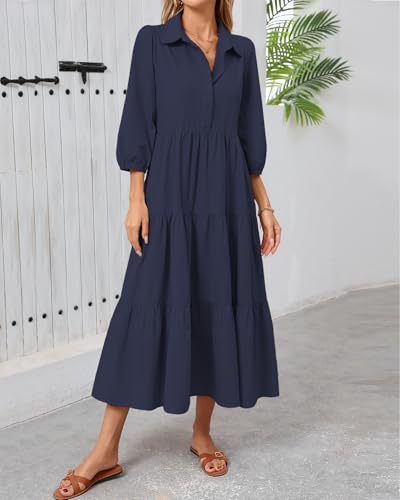 YEXPINE Women's Fall Maxi Dress Long Sleeve Button Down Smocked V Neck Ruffle Tiered Maxi Dresses Navy - Image 3