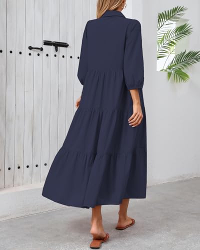 YEXPINE Women's Fall Maxi Dress Long Sleeve Button Down Smocked V Neck Ruffle Tiered Maxi Dresses Navy - Image 5